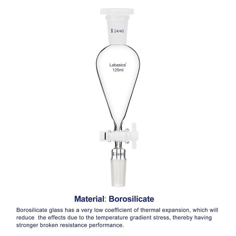 Labasics 125 ml Conical Pear-Shaped Separatory Funnel with PTFE Stopcock, Heavy Wall Borosilicate Glass with 24/40 Joints - Image 3